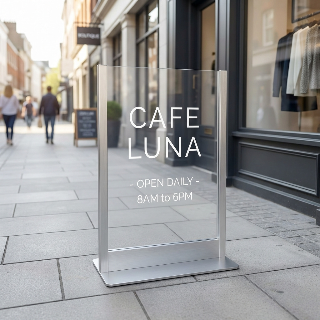 Transparant plexiglas stoepbord voor een horecazaak in een stedelijke omgeving