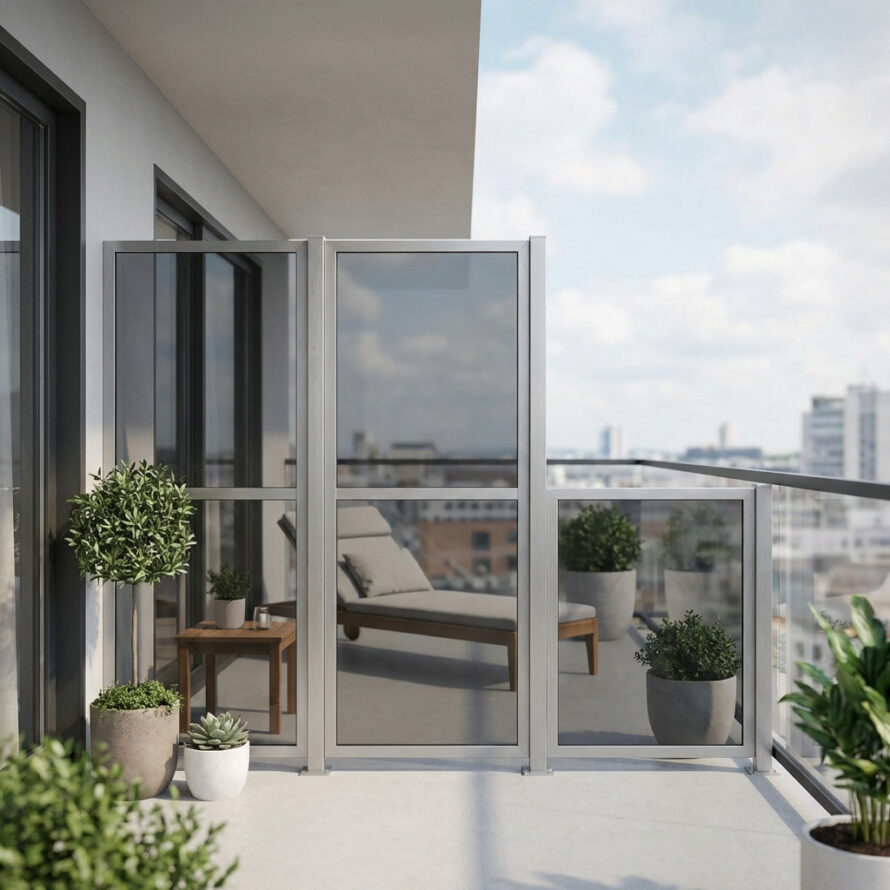 Stadsbalkon met strakke kunststof afscheiding en zitplek