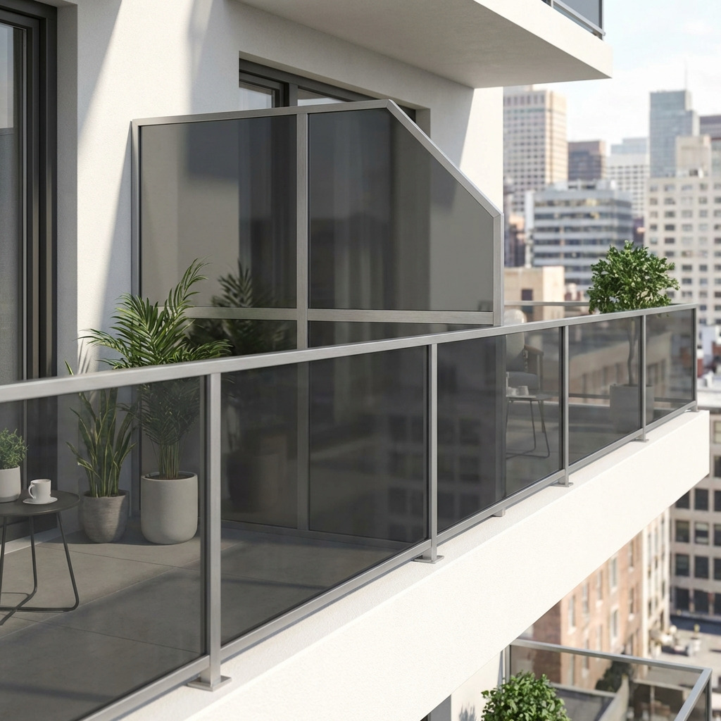 Lang balkon met doorzichtige balkonafscheiding van plexiglas