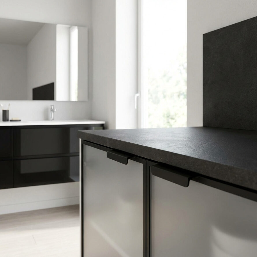 Moderne keuken met strak kunststof werkblad en minimalistische kasten in een lichte, eigentijdse ruimte.