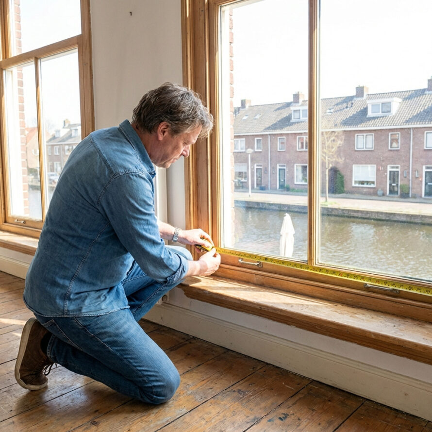 Man monteert plexiglas voorzetraam in houten raamkozijn