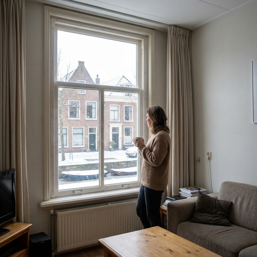 Vrouw controleert raam met voorzetraam in woonkamer