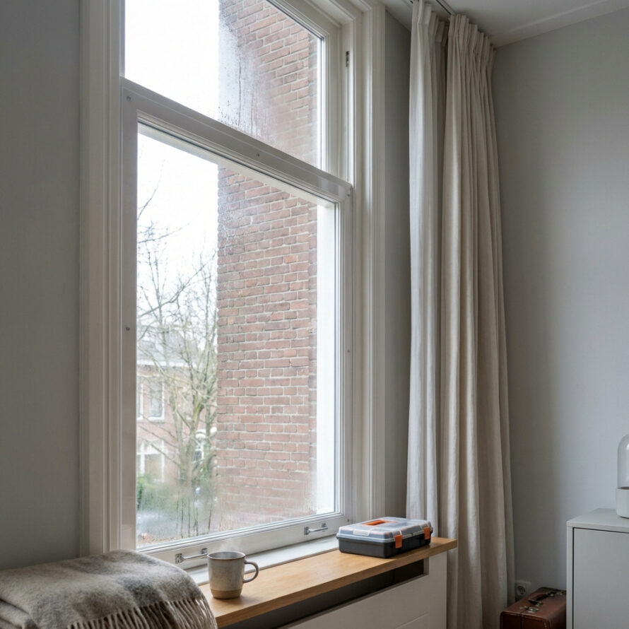 Voorzetraam gemonteerd aan de binnenzijde van een raam in Nederlandse woning