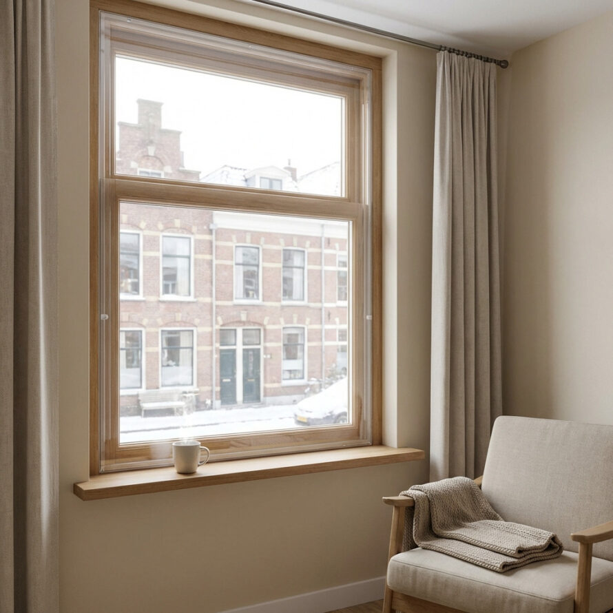 Woonkamerraam met geplaatst voorzetraam voor extra isolatie