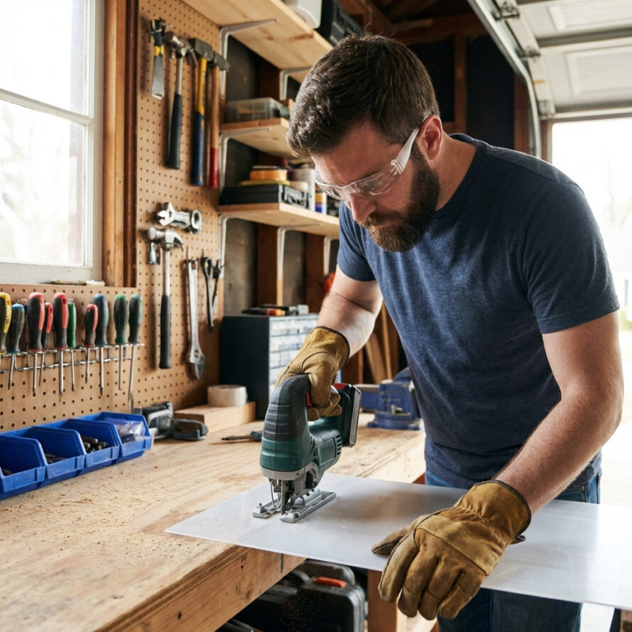 Doe-het-zelver zaagt kunststof plaat op maat in werkplaats met decoupeerzaag.