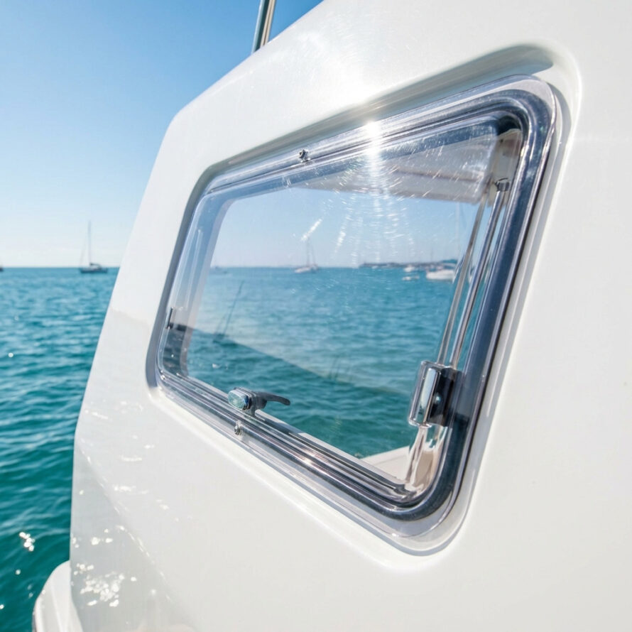 Rechthoekig kunststof scheepsraam met afgeronde hoeken, gemonteerd in een witte romp.