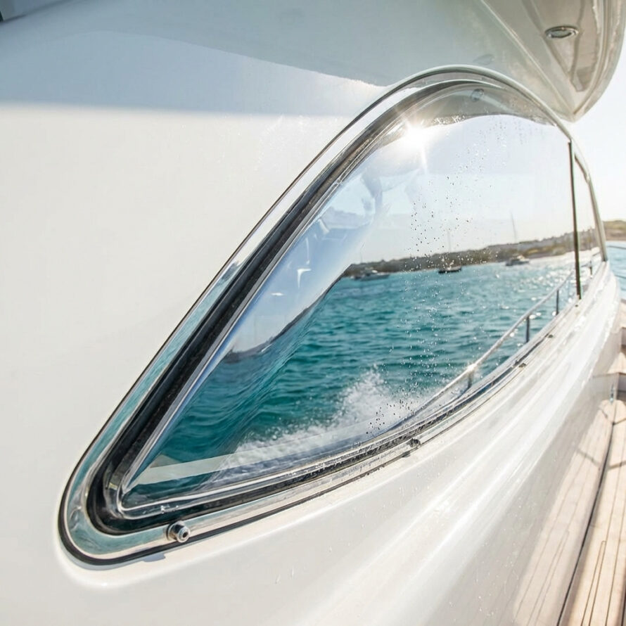 Driehoekig kunststof raam in een boot, helder en licht gebogen, met weerspiegeling van water.