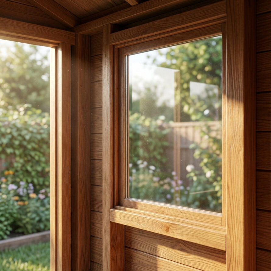 Detail van plexiglas raam in tuinhuis met warme houtafwerking