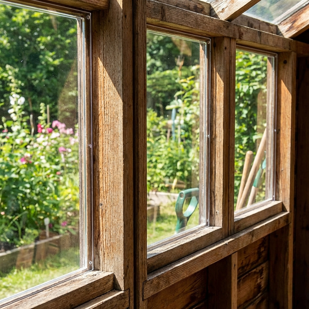 Kunststof ramen in houten tuinhuis met veel daglicht en natuurzicht