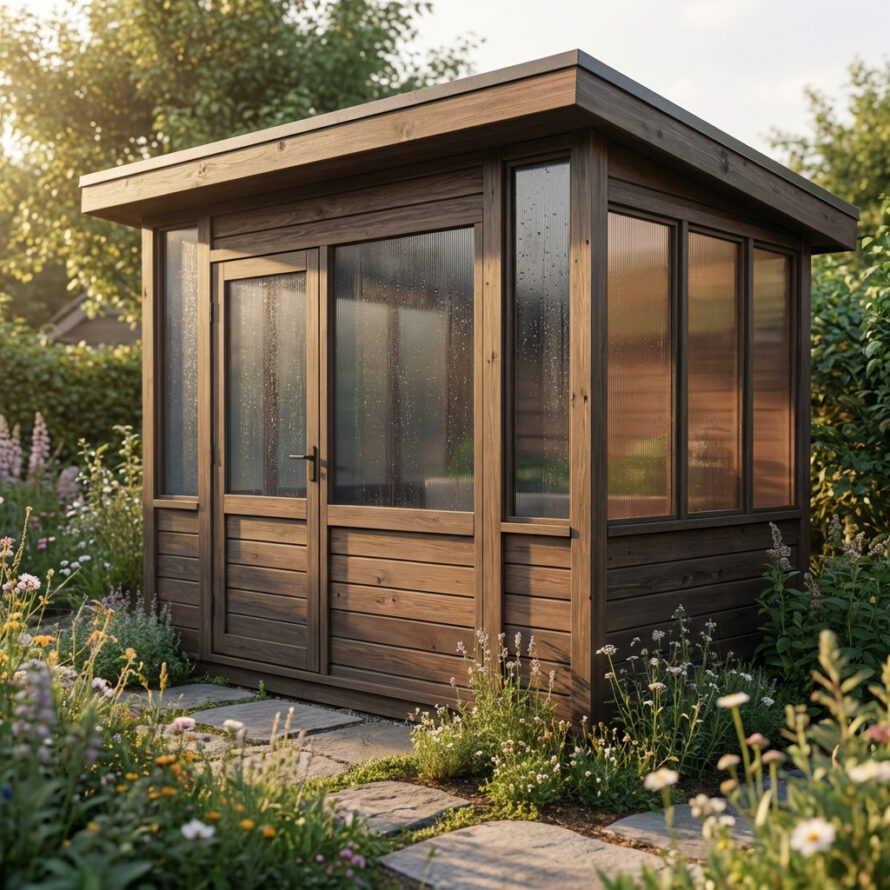Strak houten tuinhuis met plexiglas ramen in een groene tuin