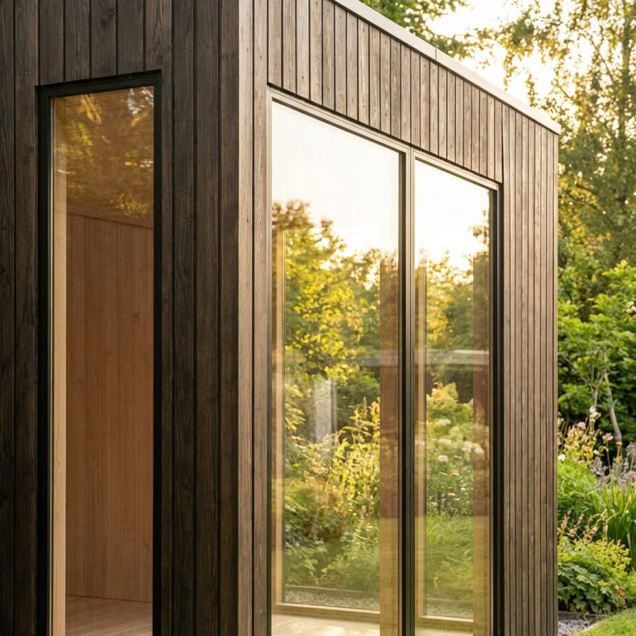 Modern tuinhuis met grote kunststof ramen en natuurlijke lichtinval