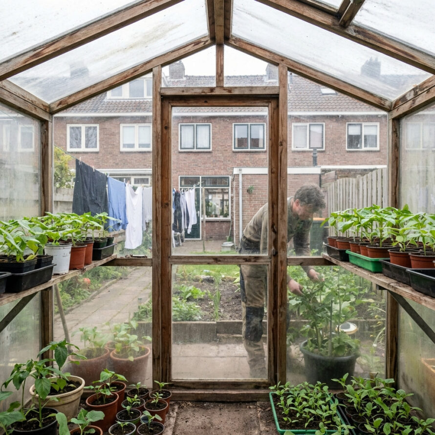 Zelfgemaakte houten tuinkas met plexiglas in een Nederlandse achtertuin