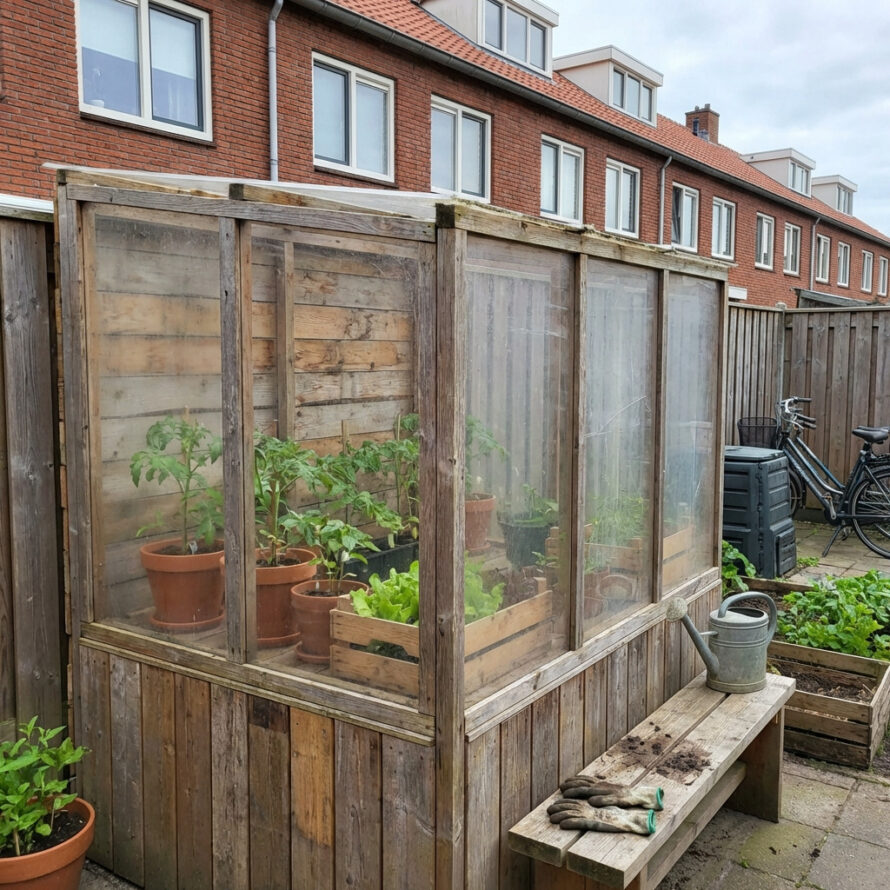 Goedkope DIY tuinkas met houten frame en kunststof platen naast een rijtjeshuis, gevuld met planten in potten.