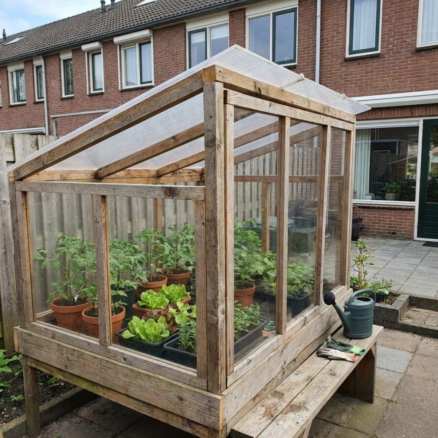 Zelfgemaakte tuinkas van hout en plexiglas in een Nederlandse achtertuin, met groenteplanten en verhoogde bak.