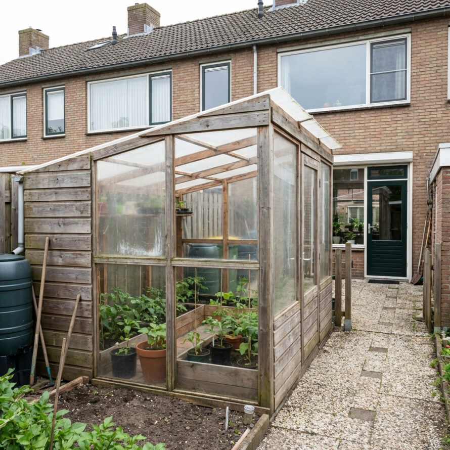 Goedkope DIY tuinkas van hout en kunststof naast een rijtjeshuis