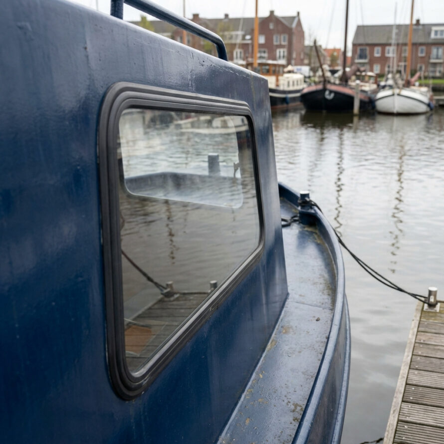 Kunststof scheepsraam aan de zijkant van een aangemeerde boot in de haven.