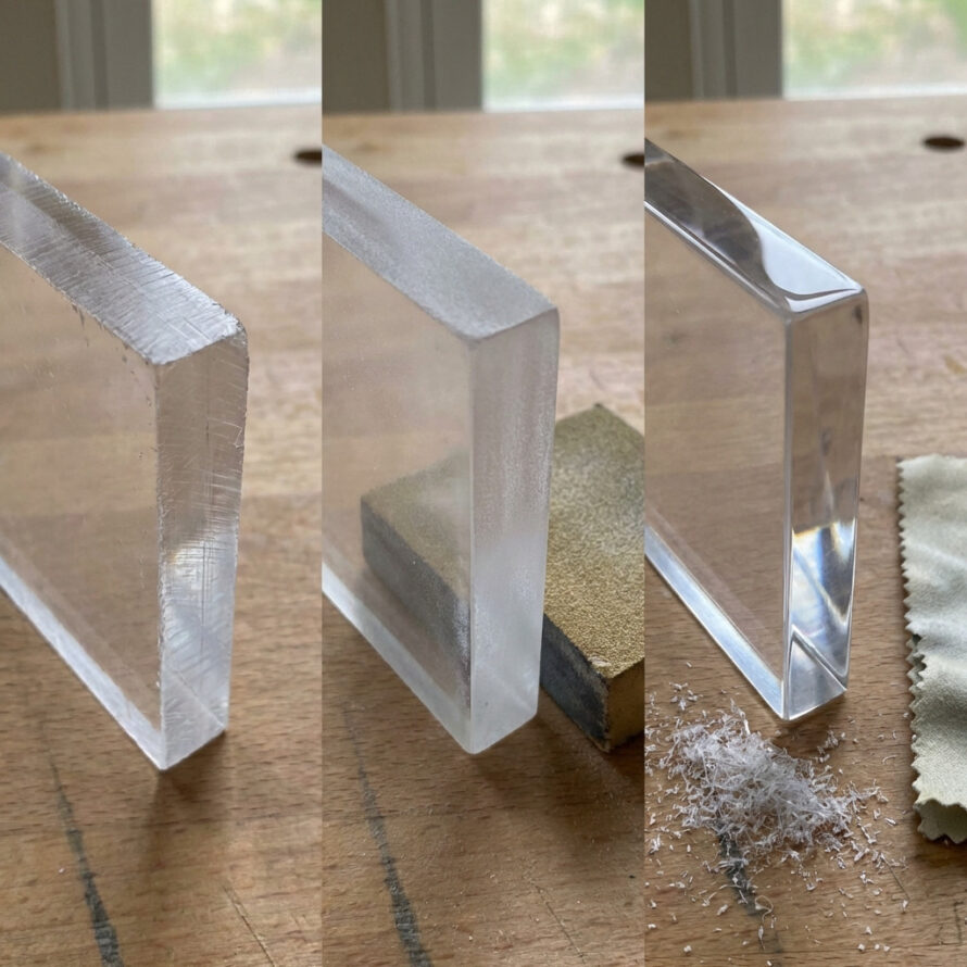 Net gezaagde kunststof platen met zaagsel ernaast, voorbeeld van afgewerkte zaagsnedes.