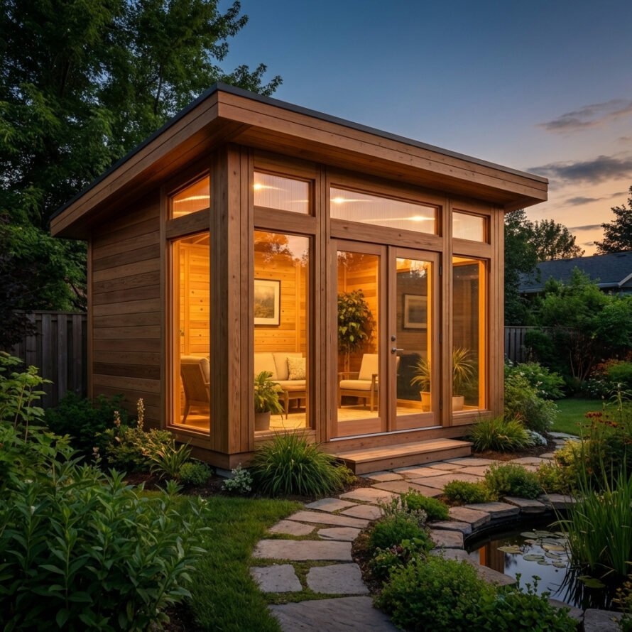Verlicht tuinhuis met kunststof ramen in avondlicht