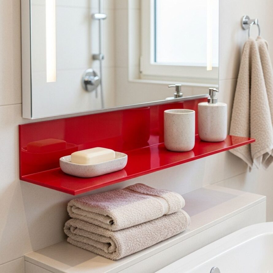 Rood plexiglas wandplank badkamer