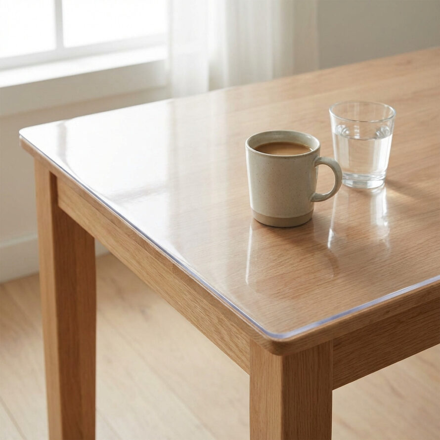 Plexiglas tafelbeschermer op houten tafel, beschermt tafelblad tijdens eten en werken