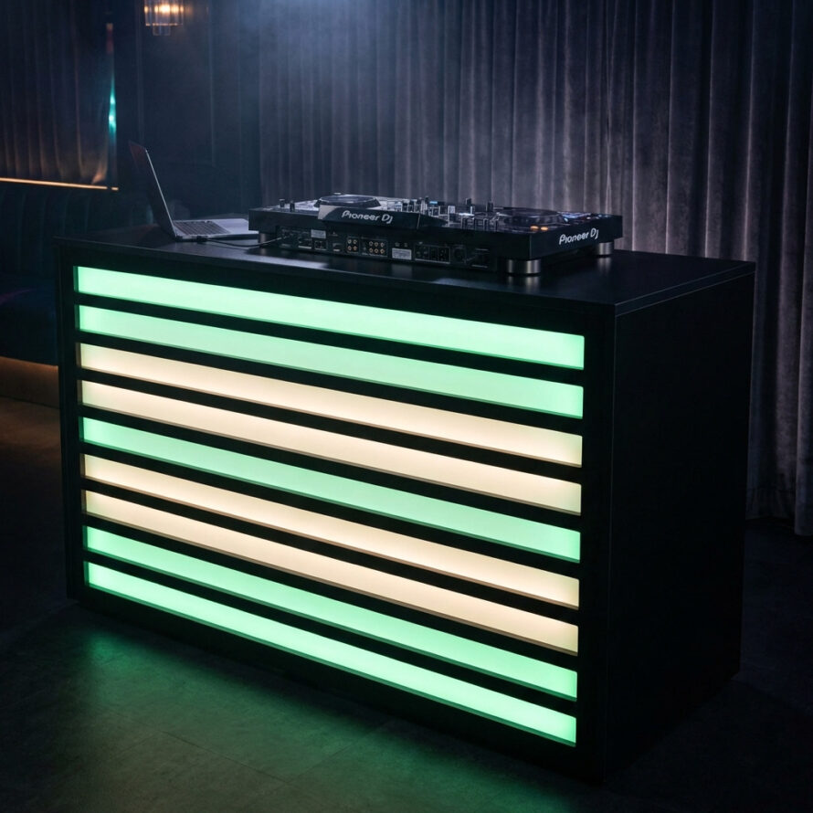 Moderne DJ booth met geïntegreerde plexiglas LED-strips in groen licht op podiumsetting.