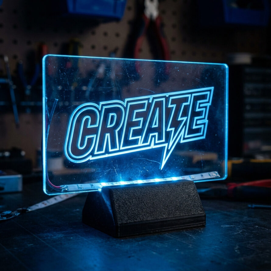Edge-lit plexiglas LED display met gravure “Create”, blauw verlicht op zwarte voet in werkplaatsomgeving.