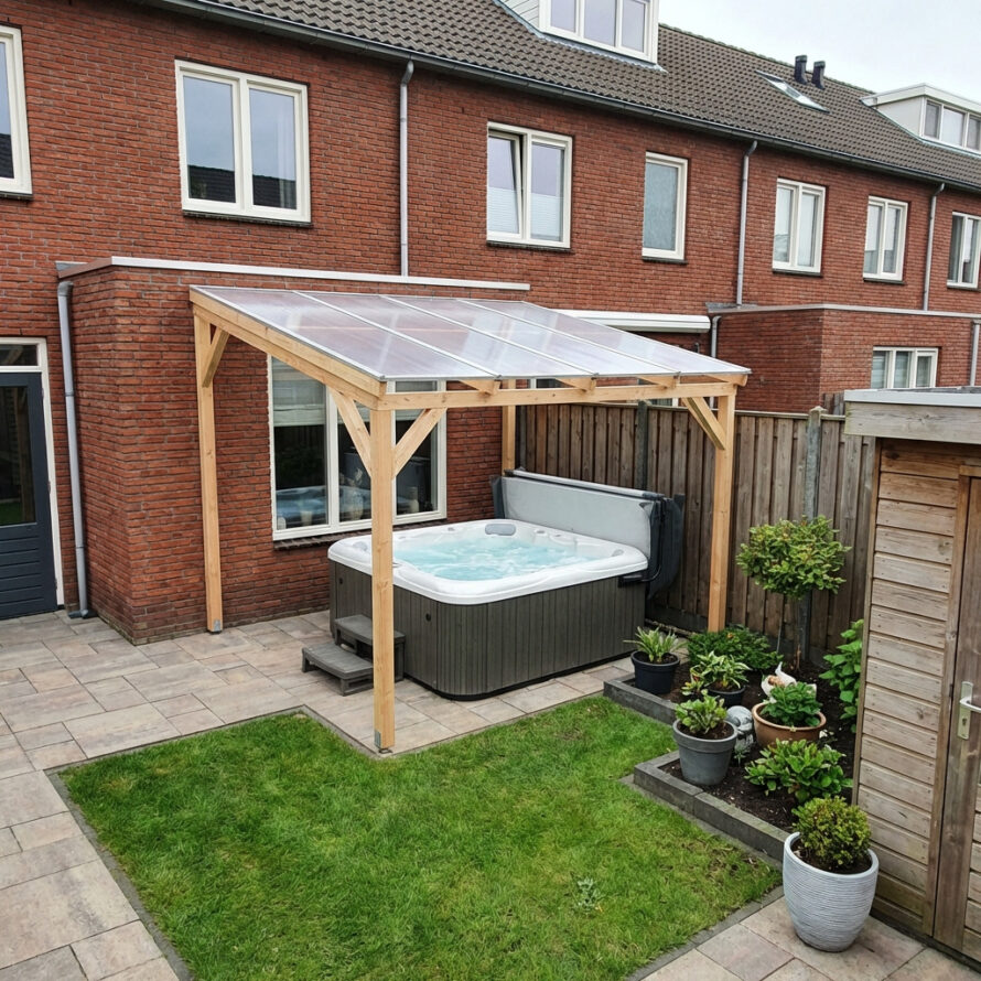 Jacuzzi met houten overkapping en lichtdoorlatend dak in achtertuin van bakstenen woning.