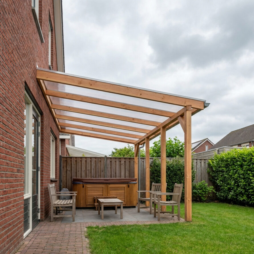 Zelfgemaakte jacuzzi overkapping van hout met helder kunststof dak in Nederlandse tuin.