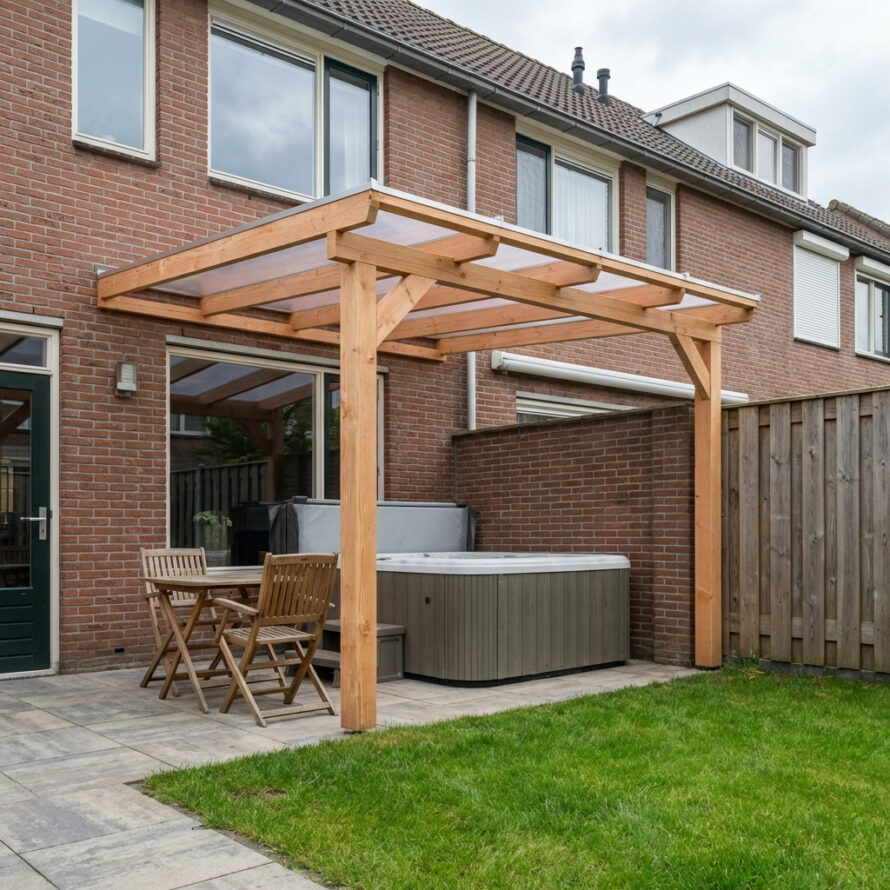 Moderne houten overkapping voor jacuzzi met polycarbonaat dakplaten achter een rijtjeshuis.