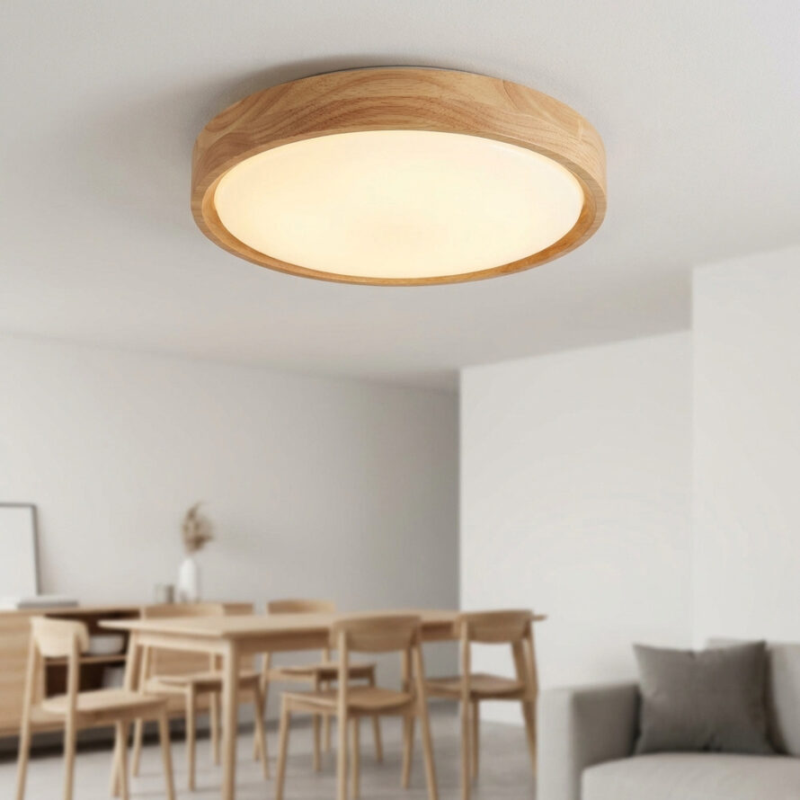 Houten Japandi plafondlamp met diffuus plexiglas lichtpaneel boven een eettafel in een modern interieur.