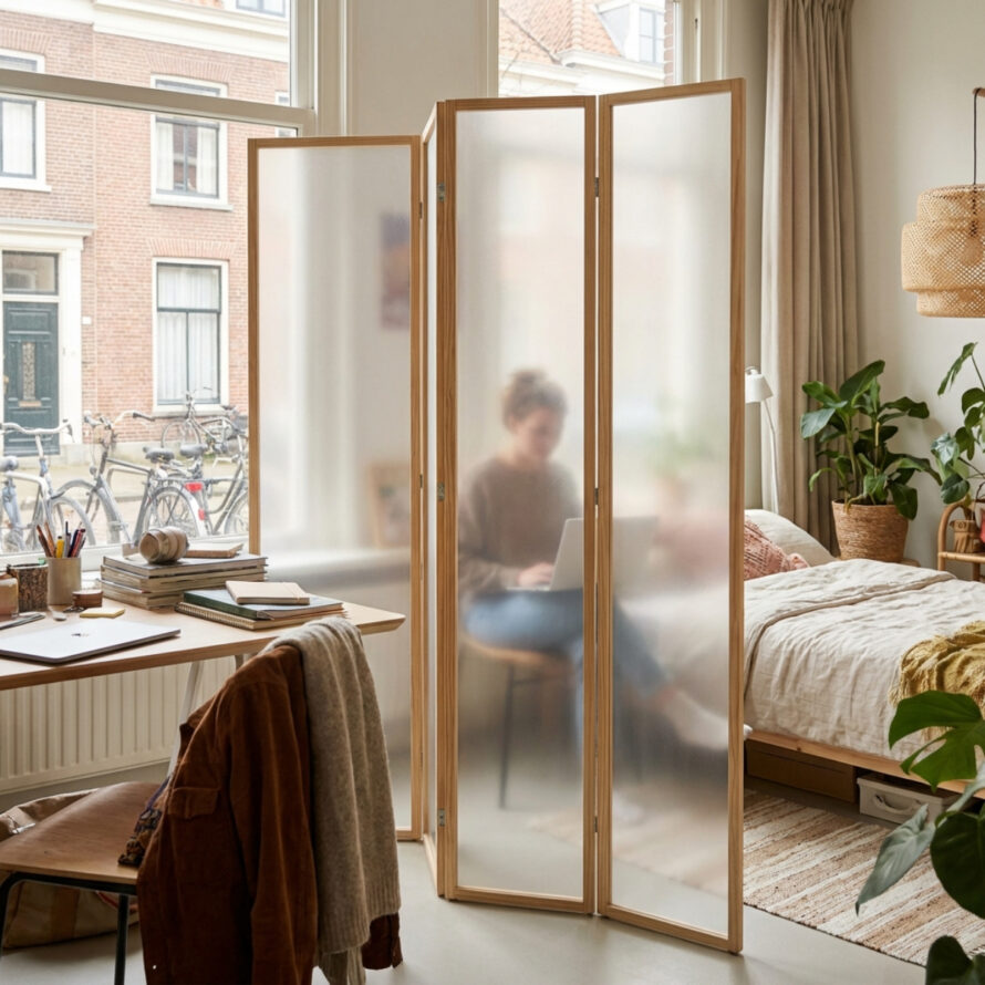 Kamerscherm plexiglas roomdivider in studentenkamer