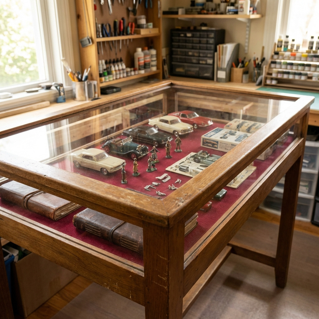 Werkplaats met houten vitrinetafel gevuld met miniatuurscène.