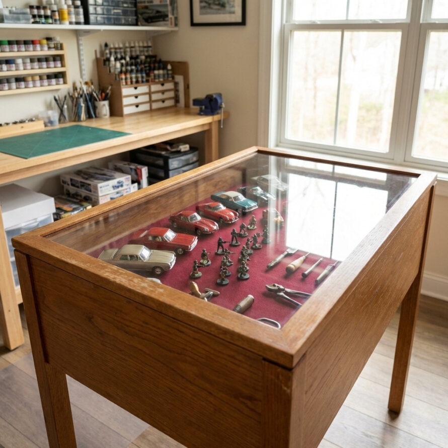 Licht houten tafelvitrine met rode miniatuurfiguren onder glas.