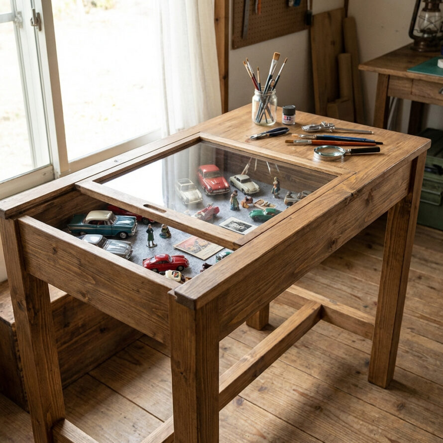 Houten vitrinetafel met glazen bovenkant en zorgvuldig geplaatste miniaturen.