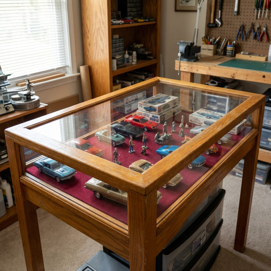 Houten vitrinetafel met glazen blad en miniatuurfiguren binnenin