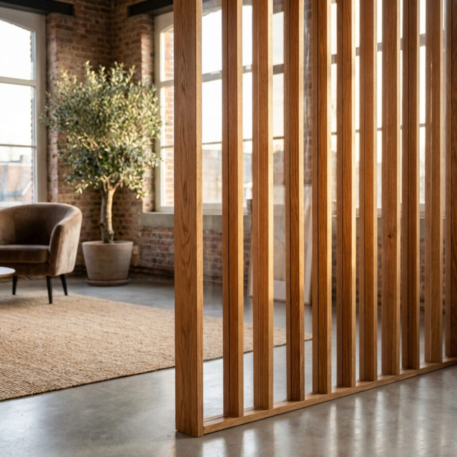 Roomdivider plexiglas en hout als scheidingswand woonkamer (1)