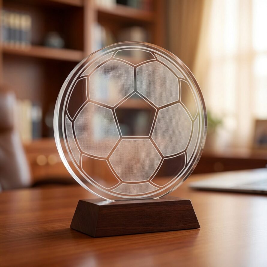 Lasersnijden en lasergraveren van plexiglas sportprijs voetbal