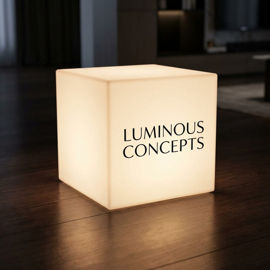 Witte opaal plexiglas lichtkubus met interne LED-verlichting en zwarte logo-opdruk op houten vloer.