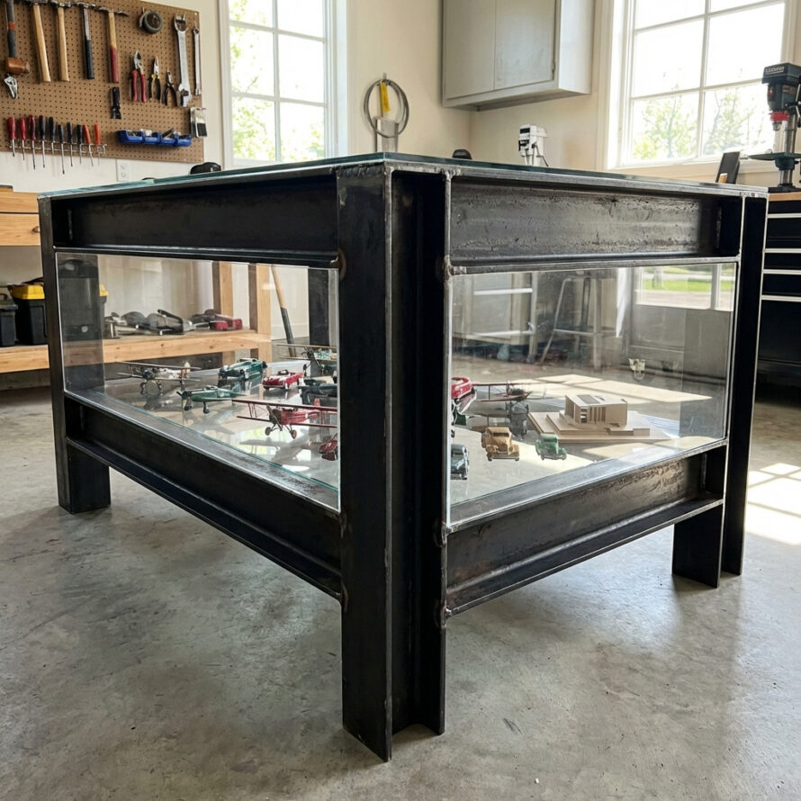 Zwarte vitrinetafel met glazen bovenkant in een werkruimte