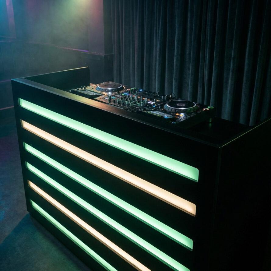 Zwarte DJ booth met horizontale plexiglas LED-lichtstroken in groene verlichting tegen donkere achtergrond.