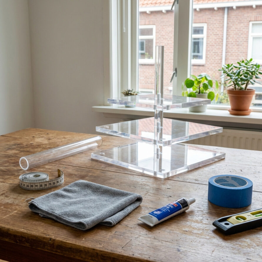 Transparante vierkante plexiglas etagère met meerdere lagen en heldere centrale buis in DIY setting.