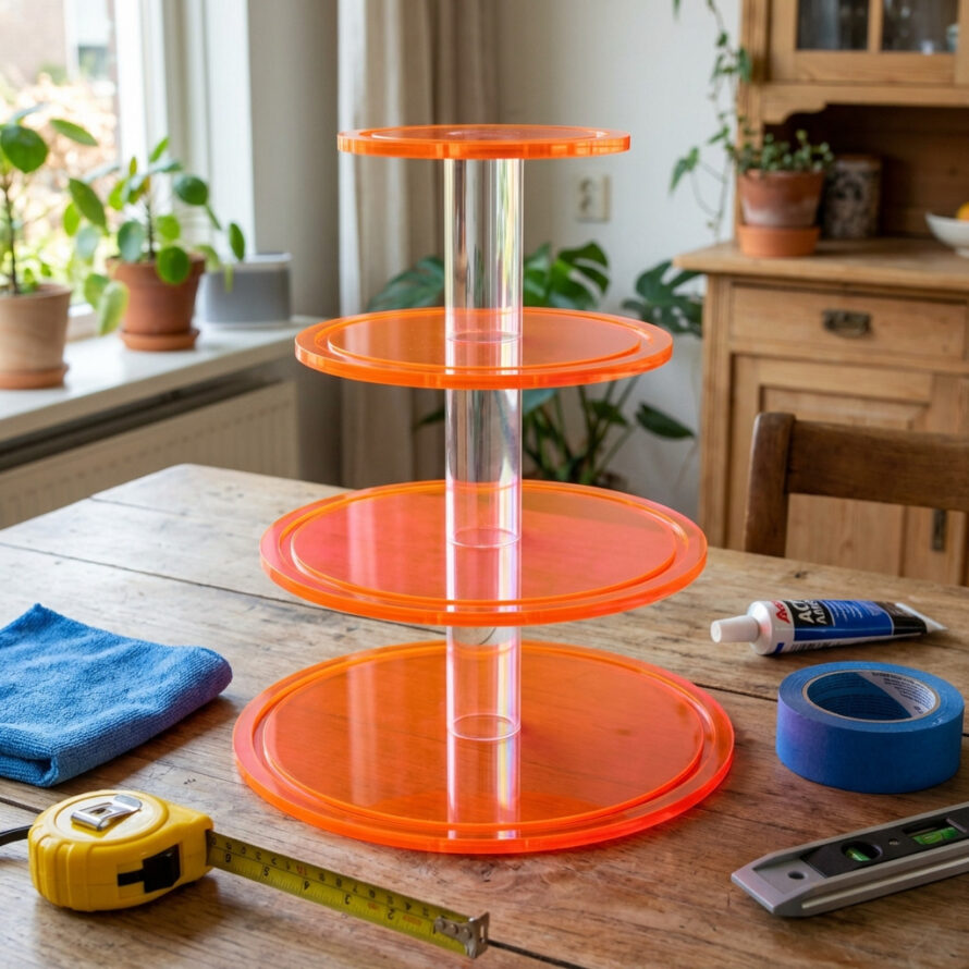 DIY plexiglas etagère in oranje uitvoering met heldere centrale buis en meetgereedschap.