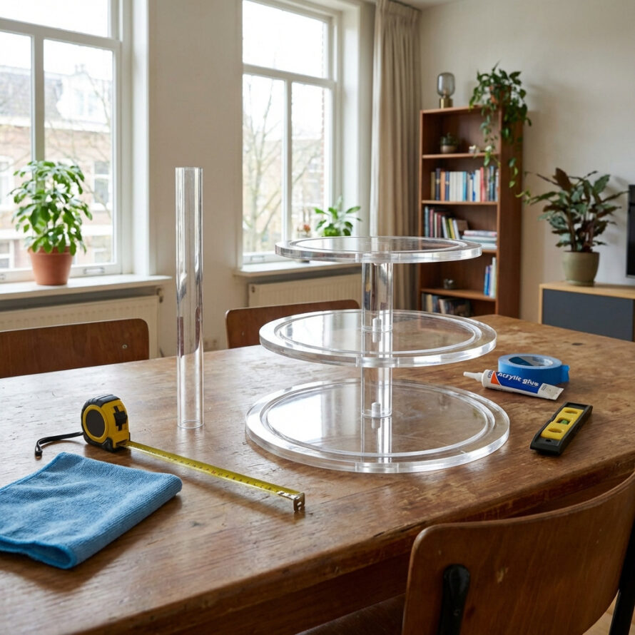 Transparante plexiglas etagère op maat met drie lagen en heldere middenbuis in Nederlandse woonkamer.