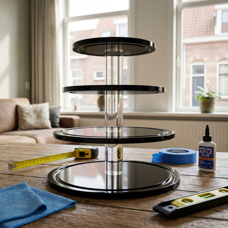 Zelf een plexiglas etagère maken met zwarte plateaus en heldere buis, inclusief gereedschap.