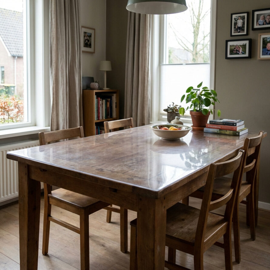 Rechthoekige eettafel met op maat gemaakte plexiglas tafelbeschermer in gezinswoning