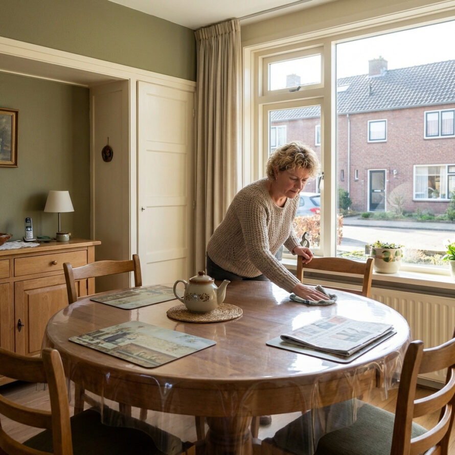 Plexiglas tafelbeschermer op ronde tafel, eenvoudig schoon te maken en kindvriendelijk