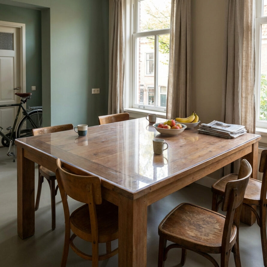 Houten eettafel met transparante plexiglas tafelbeschermer voor dagelijks gebruik