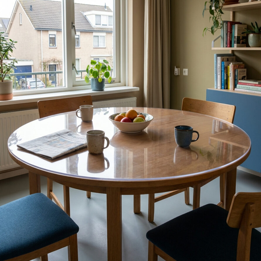 Ronde eettafel met plexiglas tafelbeschermer op maat in een Nederlandse woonkamer