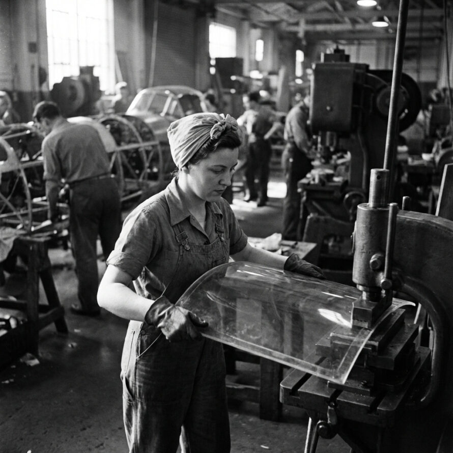 Zwart-witfoto van fabrieksarbeiders die aan een lopende band werken, vermoedelijk tijdens de Tweede Wereldoorlog.