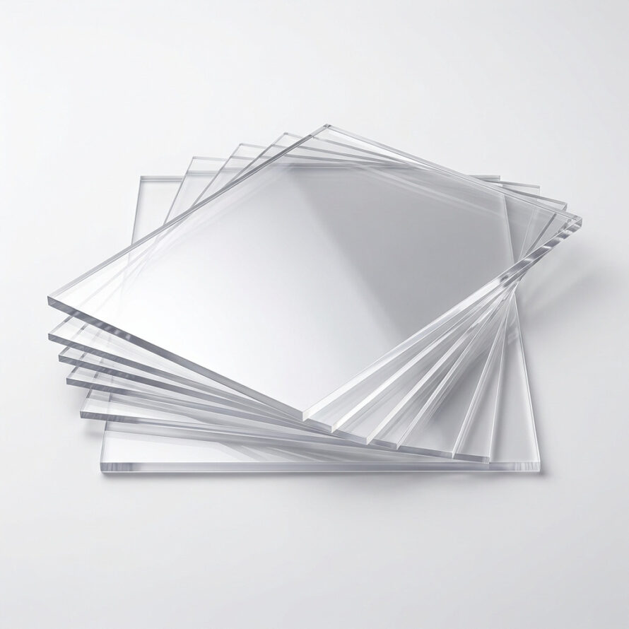 Overzicht van heldere acrylaat platen, gestapeld en toegepast in interieur en werkplaats